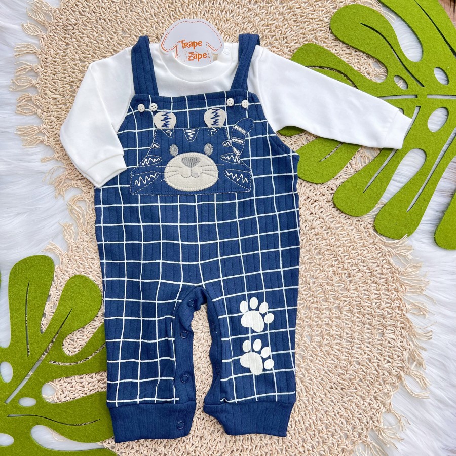 Conj. Body Manga Longa e Jardineira Tigrinho - Marinho